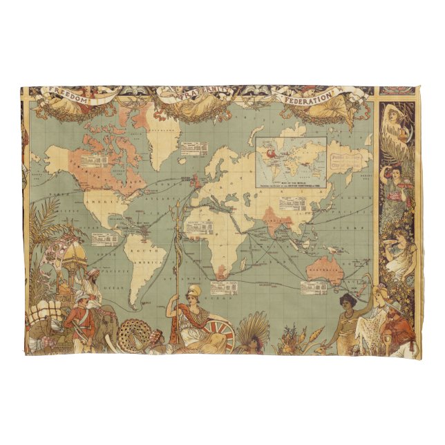 World Map Antique 1886 Illustrated Pillowcase (Front)