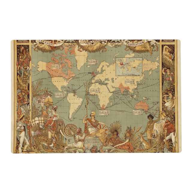 World Map Antique 1886 Illustrated Placemat (Front)
