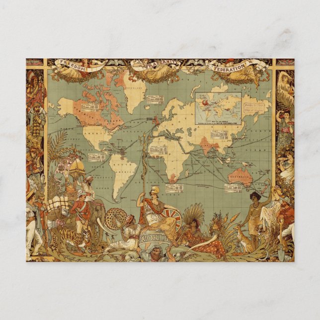 World Map Antique 1886 Illustrated Postcard (Front)