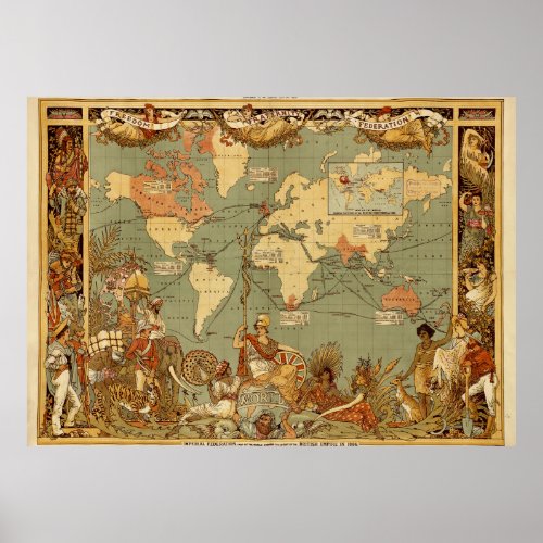 World Map Antique 1886 Illustrated Poster