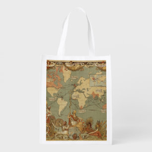 World Map Antique 1886 Illustrated Reusable Grocery Bag