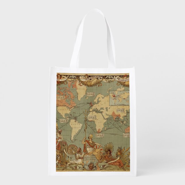 World Map Antique 1886 Illustrated Reusable Grocery Bag (Back)