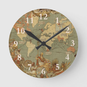 World Map Antique 1886 Illustrated Round Clock