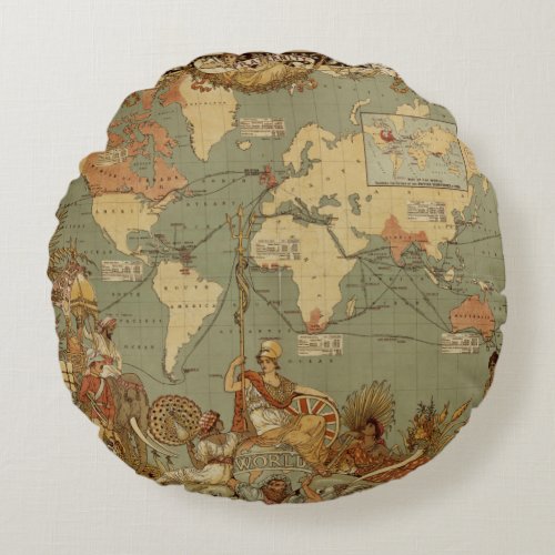 World Map Antique 1886 Illustrated Round Pillow