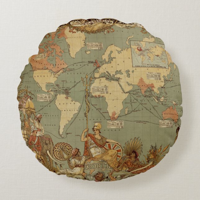 World Map Antique 1886 Illustrated Round Pillow (Front)