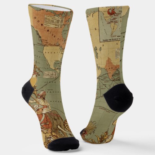 World Map Antique 1886 Illustrated Socks