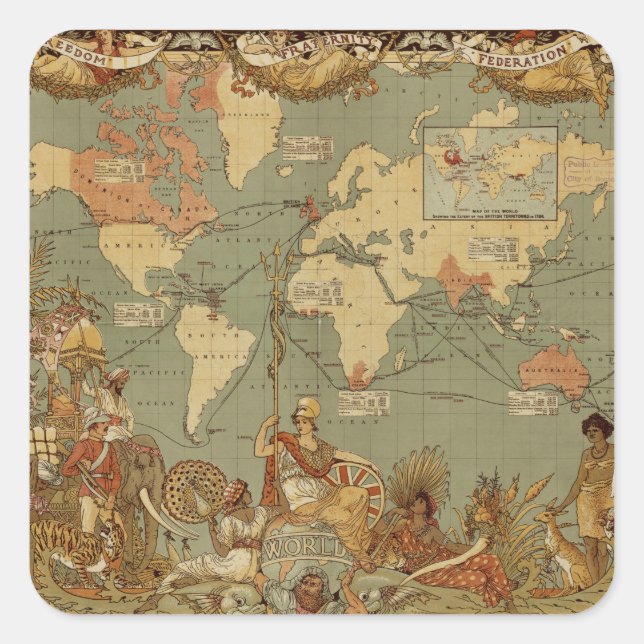 World Map Antique 1886 Illustrated Square Sticker (Front)