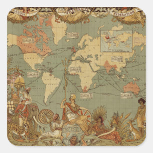 World Map Antique 1886 Illustrated Square Sticker