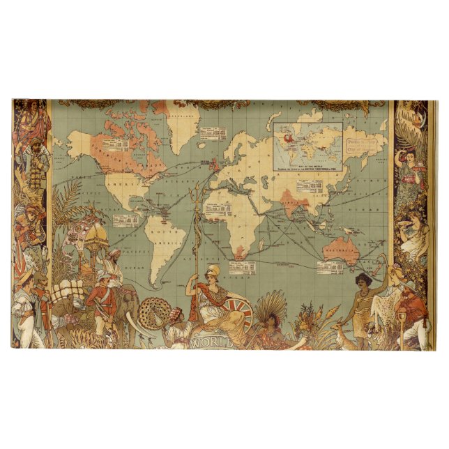 World Map Antique 1886 Illustrated Table Card Holder (Front)