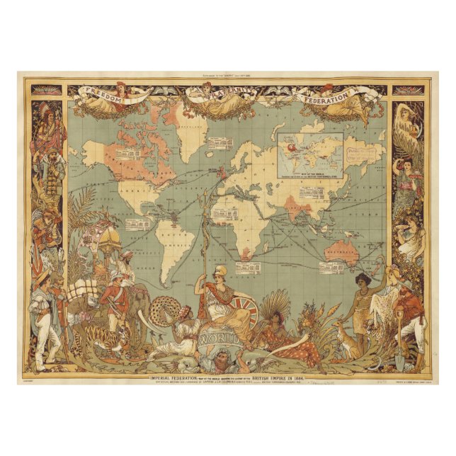World Map Antique 1886 Illustrated Tablecloth (Front (Horizontal))
