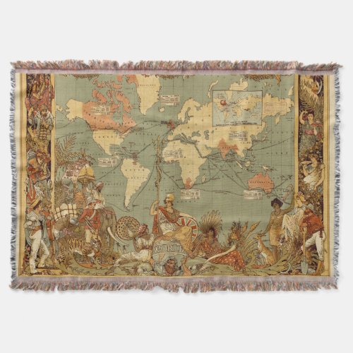 World Map Antique 1886 Illustrated Throw Blanket