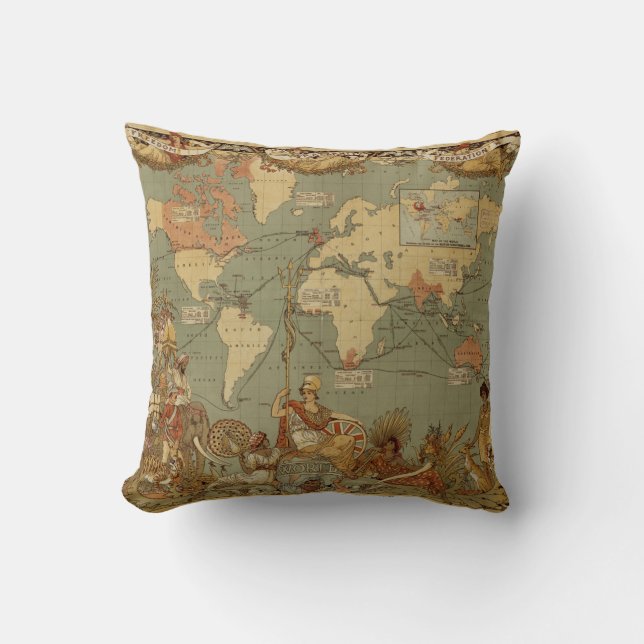World Map Antique 1886 Illustrated Throw Pillow (Front)