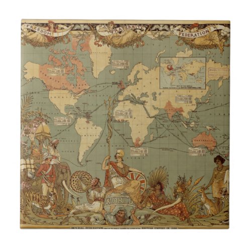 World Map Antique 1886 Illustrated Tile