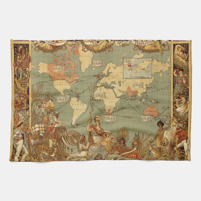 World Map Antique 1886 Illustrated Towel (Horizontal)