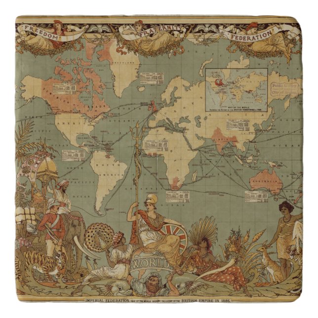 World Map Antique 1886 Illustrated Trivet (Front)