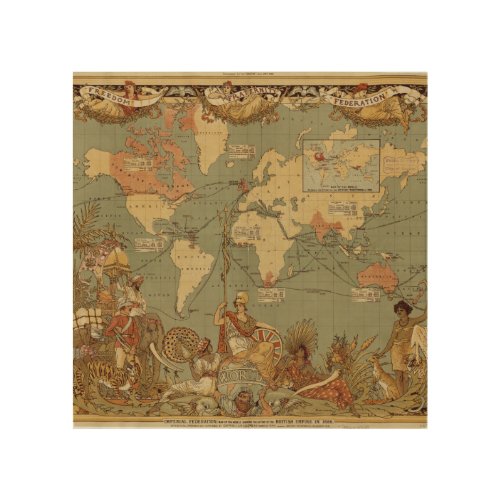 World Map Antique 1886 Illustrated Wood Wall Art