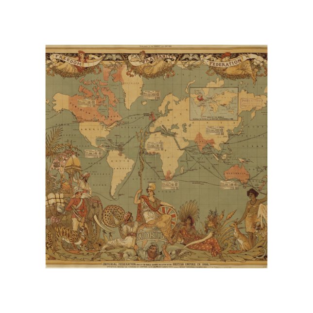 World Map Antique 1886 Illustrated Wood Wall Art (Front)