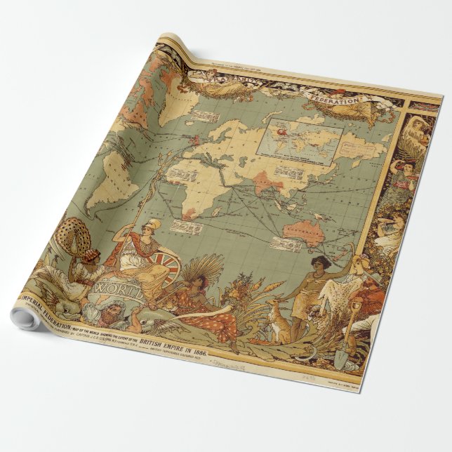 World Map Antique 1886 Illustrated Wrapping Paper (Unrolled)