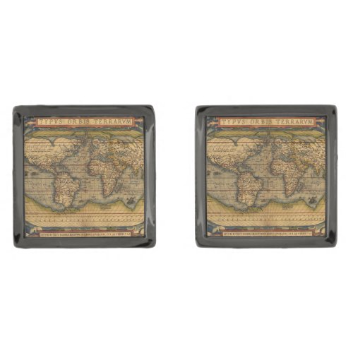 World Map Antique Ortelius Europe Travel Gunmetal Finish Cufflinks