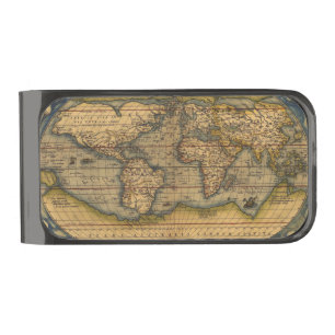 World Map Antique Ortelius Europe Travel Gunmetal Finish Money Clip
