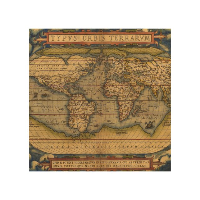 World Map Antique Ortelius Europe Travel Wood Wall Art (Front)
