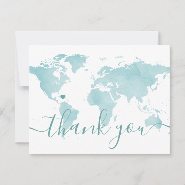 World Map Aqua Beach Wedding Destination Photo Thank You Card (Front)