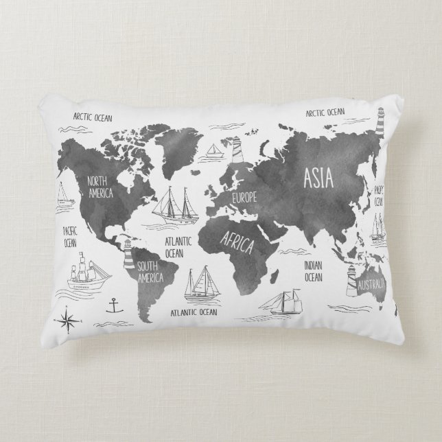 World Map Art Black White Nautical Accent Pillow (Front)