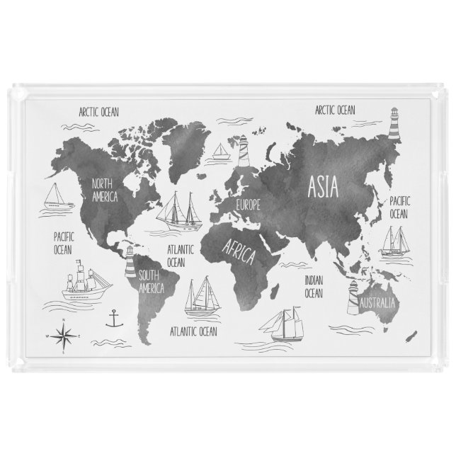 World Map Art Black White Nautical Acrylic Tray (Front)