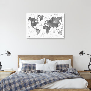 World Map Art Black White Nautical Canvas Print