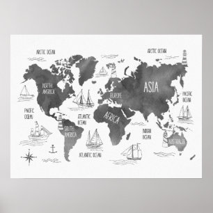 World Map Art Black White Nautical Kids Nursery Poster