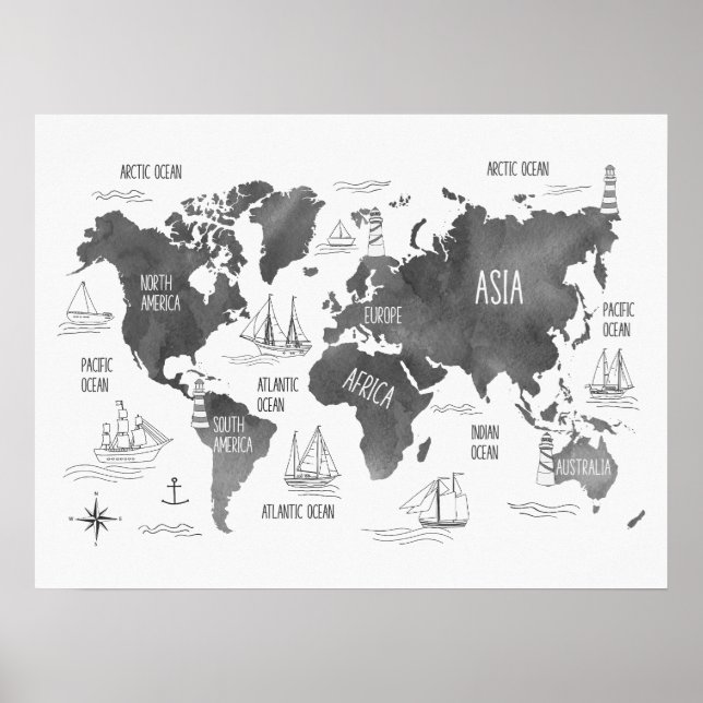 World Map Art Black White Nautical Kids Nursery Poster (Front)