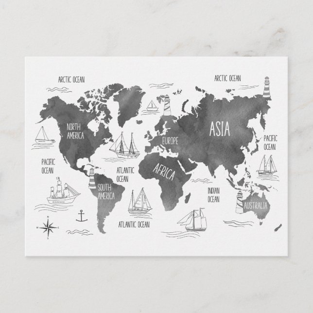 World Map Art Black White Nautical Postcard (Front)