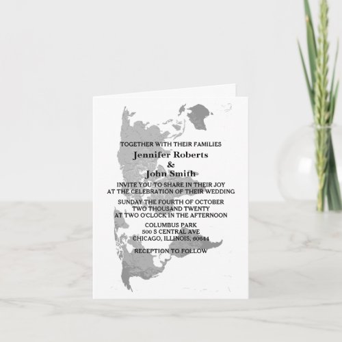 World Map Art Gray White Simple Modern Wedding Invitation