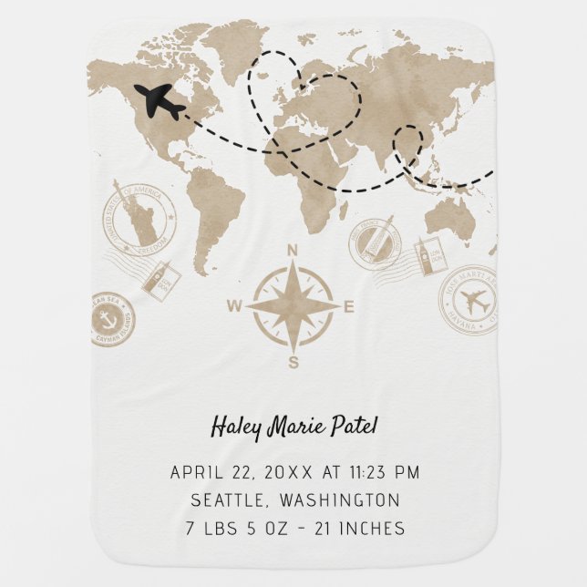 World Map Baby Birth Stats Blanket (Front)