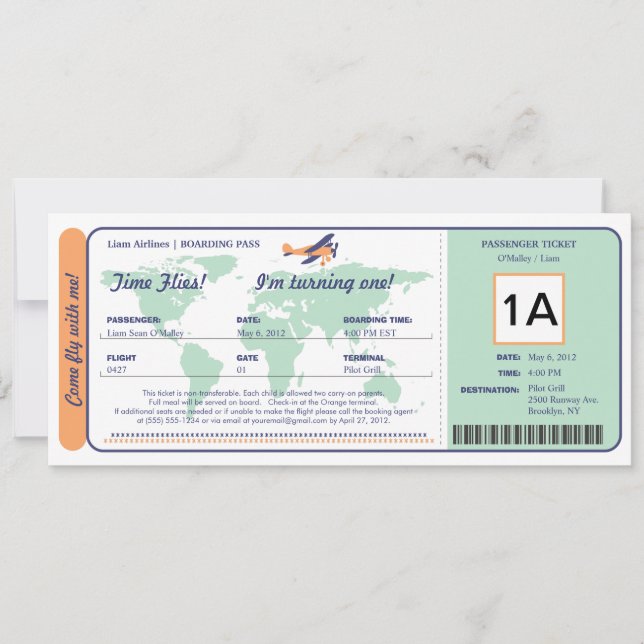 World Map Birthday Boarding Pass Ticket Invitation (Front)