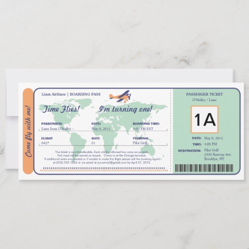 World Map Birthday Boarding Pass Ticket Invitation