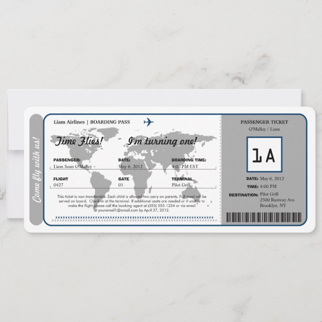 World Map Birthday Boarding Pass Ticket Invitation (Front)