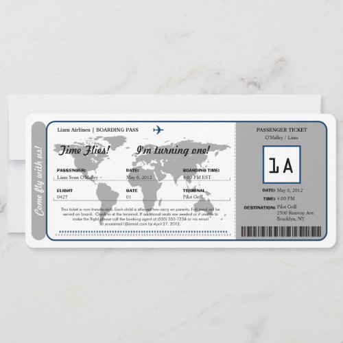 World Map Birthday Boarding Pass Ticket Invitation