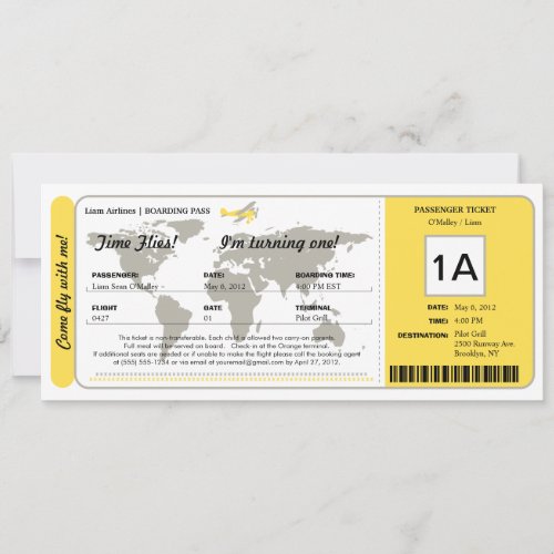 World Map Birthday Boarding Pass Ticket Invitation