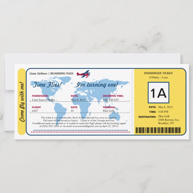 World Map Birthday Boarding Pass Ticket Invitation (Front)
