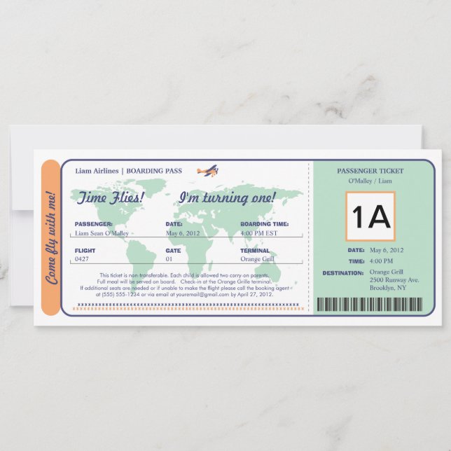 World Map Birthday Boarding Pass Ticket Invitation (Front)