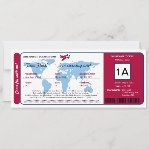 World Map Birthday Boarding Pass Ticket Invitation