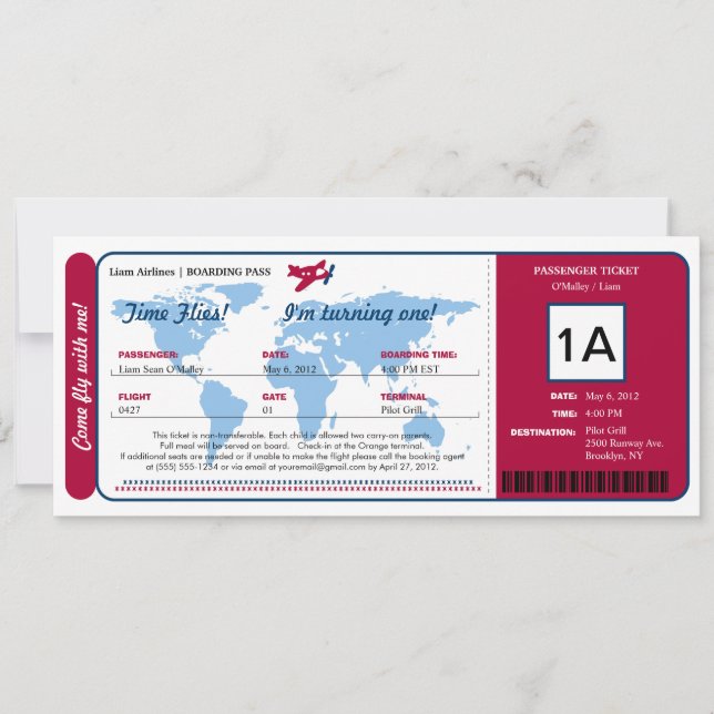 World Map Birthday Boarding Pass Ticket Invitation (Front)