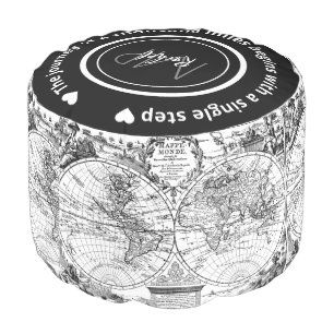 World Map Black and White w/ Text Name Monogram Pouf