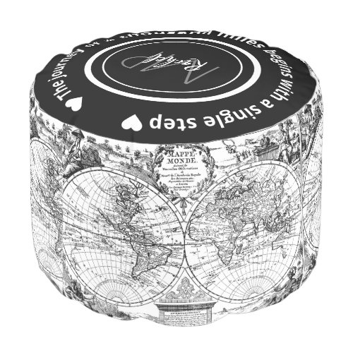 World Map Black and White w Text Name Monogram Pouf