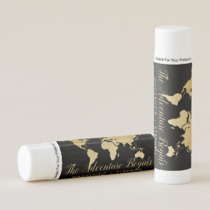 World Map Black Gold Destination Wedding Favor Lip Balm