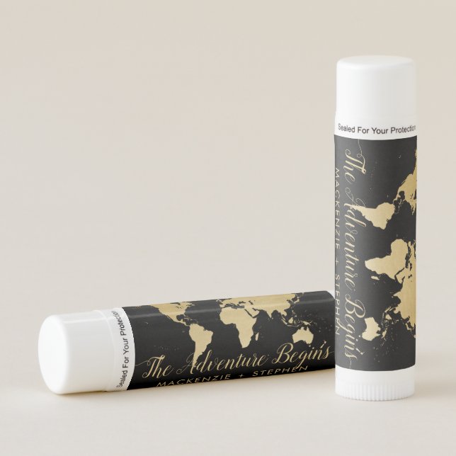 World Map Black Gold Destination Wedding Favor Lip Balm (Front)