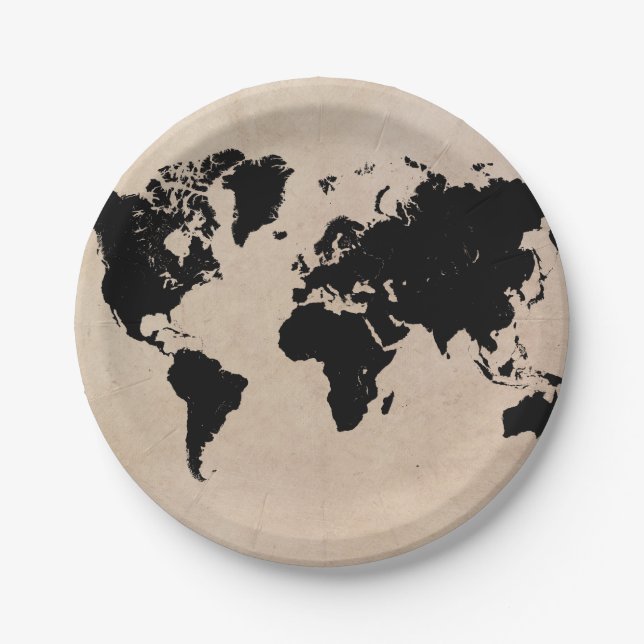 world map black paper plates (Front)