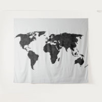 World Map Black Watercolor on Gray Tapestry