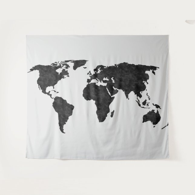  World Map Black Watercolor on Gray Tapestry (Front (Horizontal))